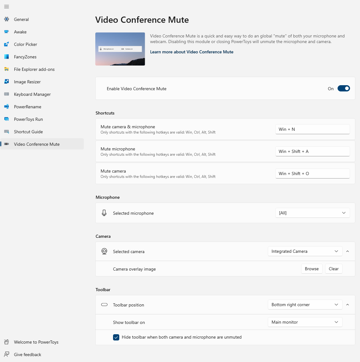 ：：：no-loc (Video Conference Mute) ：：： ：：options in ：：：no-loc (PowerToys) ：：： settings